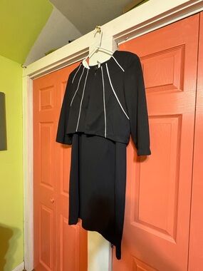 NY Collection Black Midi Dress with White Piped Jacket